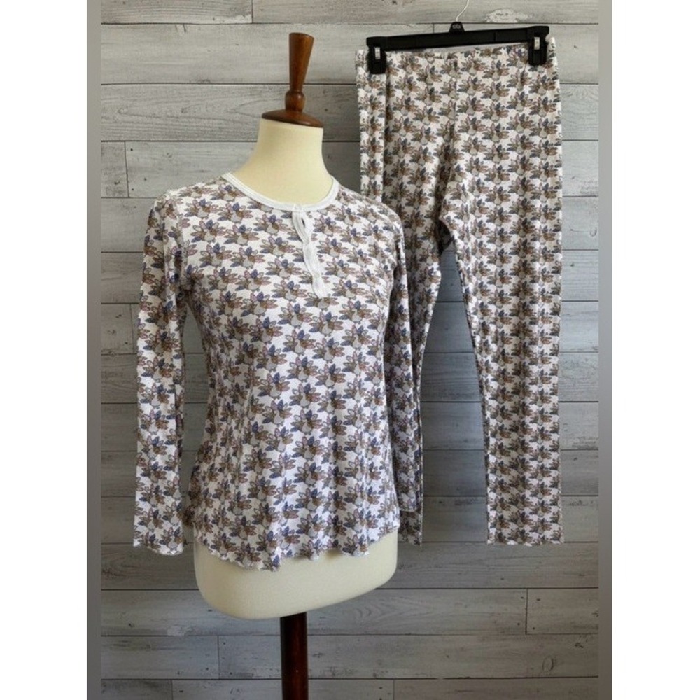 Roller Rabbit XS Pajama Set Pima Cotton Turkey Print Henley Top Pants 2pc White